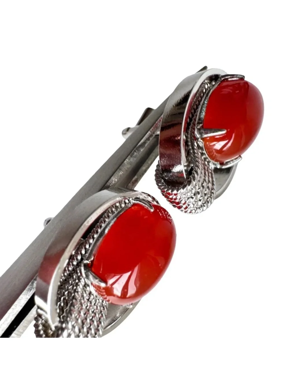 Vintage Red Cabochon Cufflinks Silver Tone Oval Mens Formal Jewelry Groom Gift